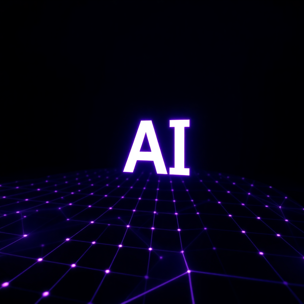 abstract futuristic 3D visualization of AI and blockchain technology, dark background with neon purple and blue grid lines, cyberpunk style